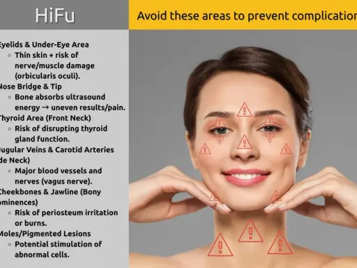 Evitare zone come occhi, collo e mento per prevenire effetti collaterali degli ultrasuoni focalizzati.