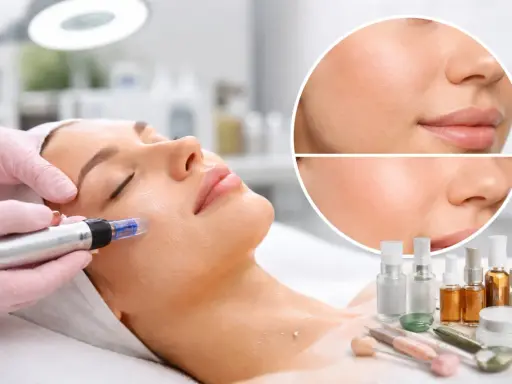 Primo piano di un trattamento viso microneedling. La pelle appare più liscia e luminosa dopo la procedura.