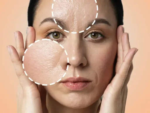 Primo piano di una donna con cerchi tratteggiati che evidenziano rughe e pori dilatati, suggerendo un trattamento di peeling.