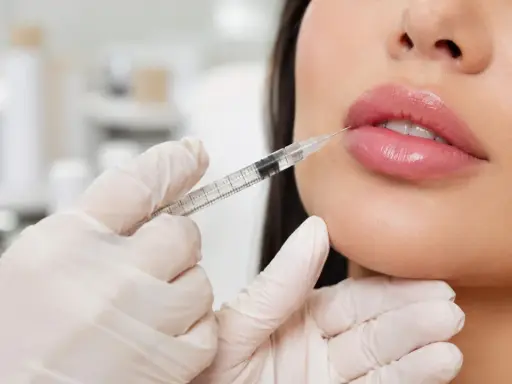 Mani guantate iniettano filler labbra per un aspetto più pieno e sensuale.