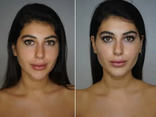 Split image showing a woman's face before and after makeup application.