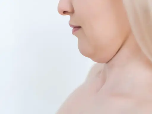Primo piano del profilo di una donna con doppio mento, un'area che molte persone desiderano migliorare per capire come dimagrire sotto il mento.