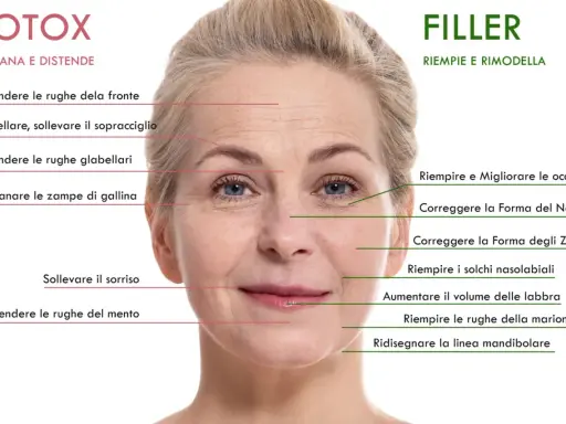 Volto femminile con indicazioni per trattamenti estetici come Botox e Filler, che migliorano la pelle e contrastano i segni del tempo, inclusi gli **esosomi viso**.