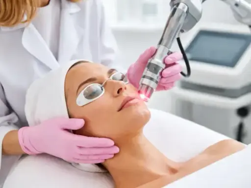 Donna riceve un trattamento laser co2 per il viso, protetta da occhiali speciali.