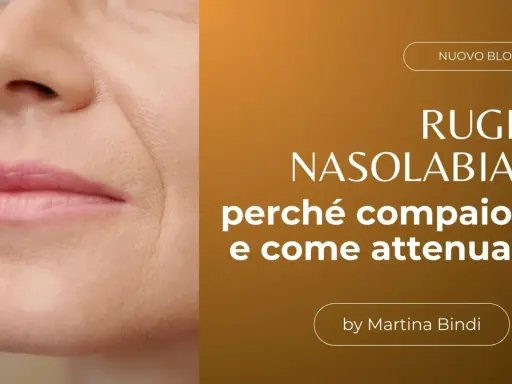 Primo piano del viso con evidenti solchi naso labiali. Testo: "Rughe nasolabiali: perché compaiono e come attenuarle".