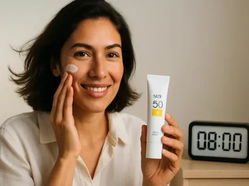 Donna sorridente applica crema solare SPF 50, prevenendo le rughe da sole. L'orologio segna le 08:00, ora perfetta per iniziare la protezione.