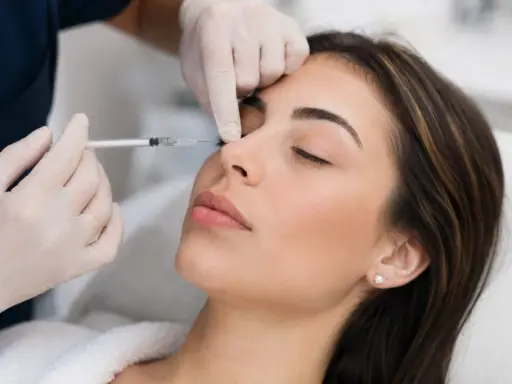 Una mano guantata inietta acido ialuronico Profhilo sul naso di una donna, per un ritocco estetico.