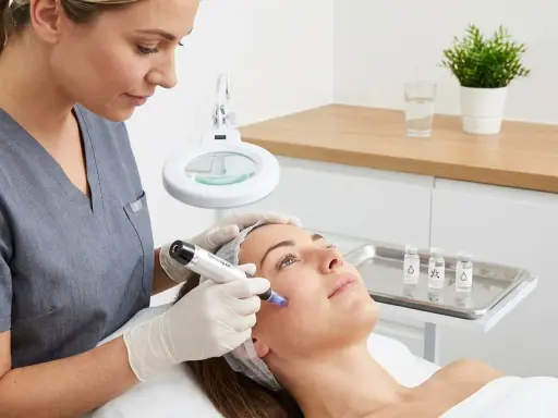Estetista usa Dermapen per trattamento viso. Si parla di esosomi cosa sono, piccole vescicole che trasportano molecole benefiche per la pelle.