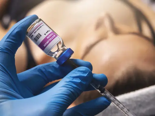 Mano con guanto blu che aspira botulino da fiala. Si valuta il botox mento effetti collaterali.