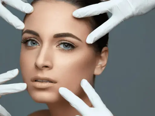 Viso di donna con mani guantate che valutano la pelle, un'anteprima dei fili di trazione prima e dopo.