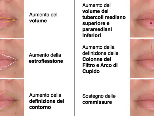 Filler per migliorare volume, estroflessione, definizione contorno, tubercoli, colonne del filtro, arco di Cupido e sostegno delle commissure della bocca.