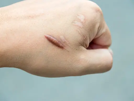 Mano con cicatrice cheloide evidente, un esempio di cheloide prima e dopo il trattamento.