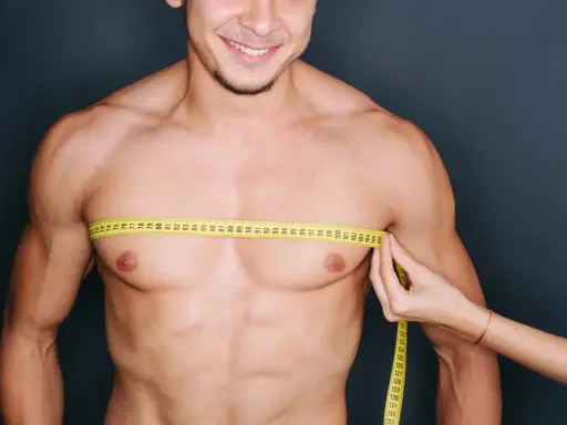 Uomo sorridente con metro da sarto intorno al petto, un passo per eliminare grasso petto uomo.