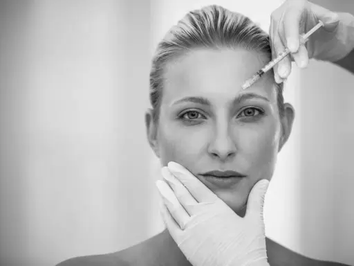 Ritocchino per combattere i segni del tempo e del sole. Botox sulla fronte, mani guantate che accarezzano il viso.