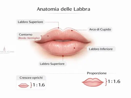 Anatomia labbra: contorno, arco di Cupido, labbro superiore/inferiore. Ideale per filler labbra naturale con proporzione 1:1.6.