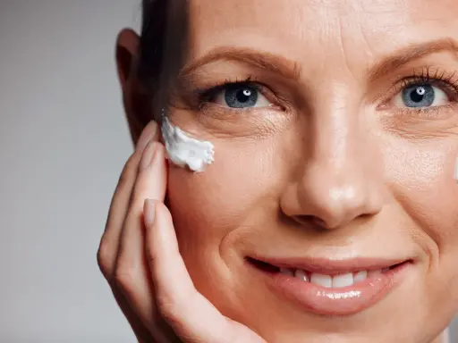Primo piano di un volto femminile con crema applicata vicino all'occhio, per contrastare il danno attinico.