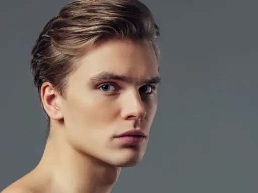 Primo piano di un giovane uomo con capelli biondi pettinati all'indietro e occhi azzurri penetranti. Il suo viso, con un leggero tocco di filler uomo viso, appare definito e curato.