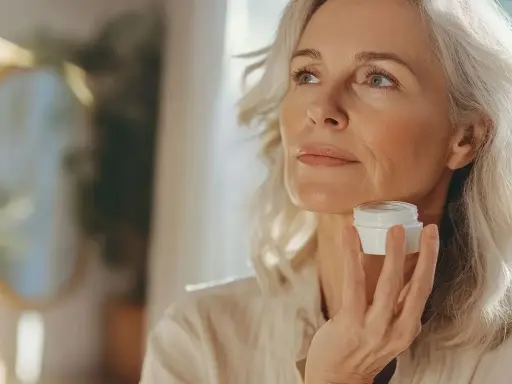 Donna con capelli grigi tiene un vasetto di crema, pensando alla protezione solare e all'acido ialuronico per una pelle radiosa.
