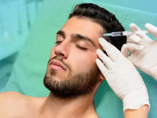 Un uomo riceve un'iniezione di botox sulla fronte. La domanda su quanto dura il botox è comune per chi considera questo trattamento.