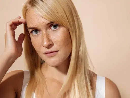 Giovane donna con lentiggini, capelli biondi e sguardo intenso. Immagina un trattamento di pico laser viso per una pelle radiosa.