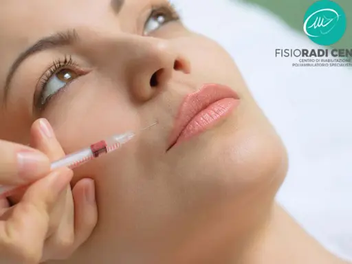 Primo piano di un volto femminile con una mano che inietta botulino per levigare le rughe.