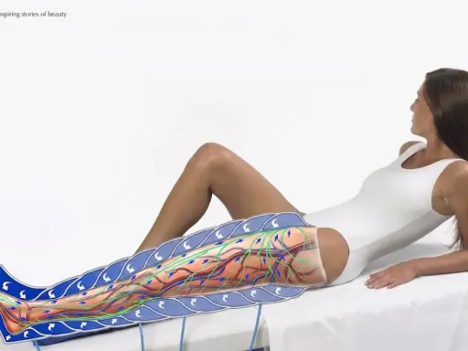 Illustrazione che mostra come funziona la pressoterapia: un manicotto avvolge la gamba, simulando il massaggio linfatico e la circolazione sanguigna.