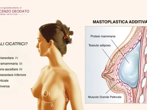 Illustrazione anatomica di un seno con protesi mammaria. Si evidenziano le possibili cicatrici post-mastoplastica e la posizione della protesi rispetto al muscolo pettorale.
