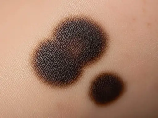 Macchie scure sulla pelle, forse residui di un peeling chimico, con texture visibile.