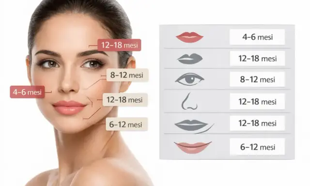 Volto femminile con indicazioni sulla durata degli effetti dell'acido ialuronico in diverse aree, utile per valutare le controindicazioni.