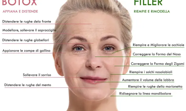 Volto femminile con indicazioni per trattamenti estetici come Botox e Filler, che migliorano la pelle e contrastano i segni del tempo, inclusi gli **esosomi viso**.