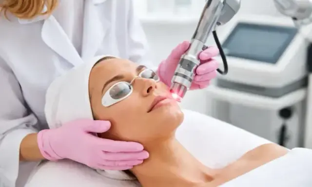 Donna riceve un trattamento laser co2 per il viso, protetta da occhiali speciali.