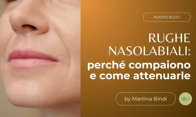 Primo piano del viso con evidenti solchi naso labiali. Testo: "Rughe nasolabiali: perché compaiono e come attenuarle".