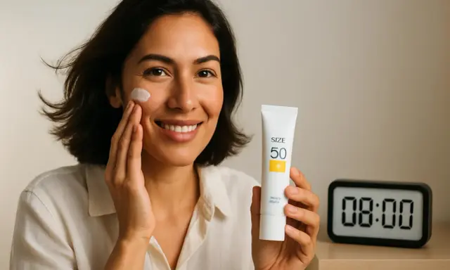 Donna sorridente applica crema solare SPF 50, prevenendo le rughe da sole. L'orologio segna le 08:00, ora perfetta per iniziare la protezione.