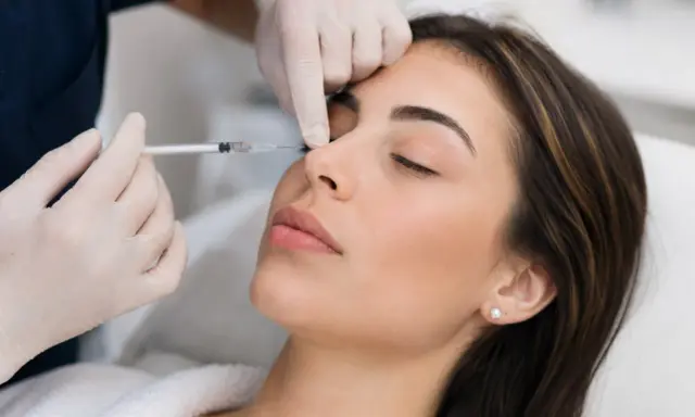 Una mano guantata inietta acido ialuronico Profhilo sul naso di una donna, per un ritocco estetico.