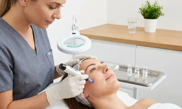 Estetista usa Dermapen per trattamento viso. Si parla di esosomi cosa sono, piccole vescicole che trasportano molecole benefiche per la pelle.
