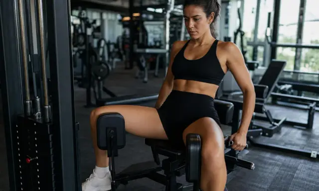 Donna si allena in palestra, concentrata sull'esercizio per l'interno coscia.