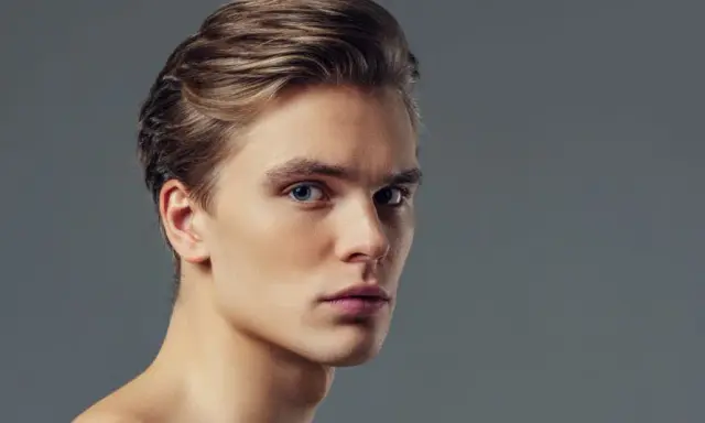 Primo piano di un giovane uomo con capelli biondi pettinati all'indietro e occhi azzurri penetranti. Il suo viso, con un leggero tocco di filler uomo viso, appare definito e curato.