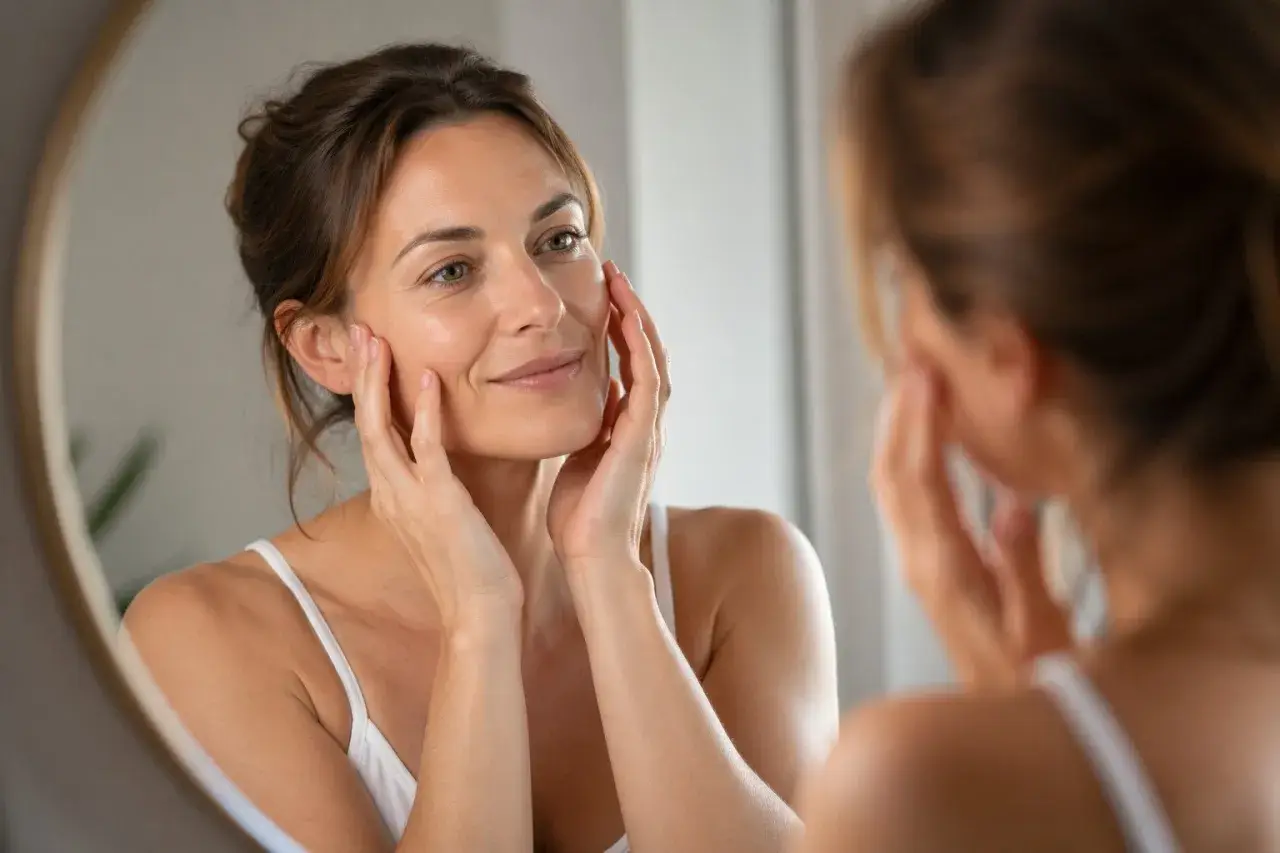 Donna si tocca il viso riflessa nello specchio, con un sorriso soddisfatto. Un'immagine che evoca la cura della pelle e i benefici del botox viso.