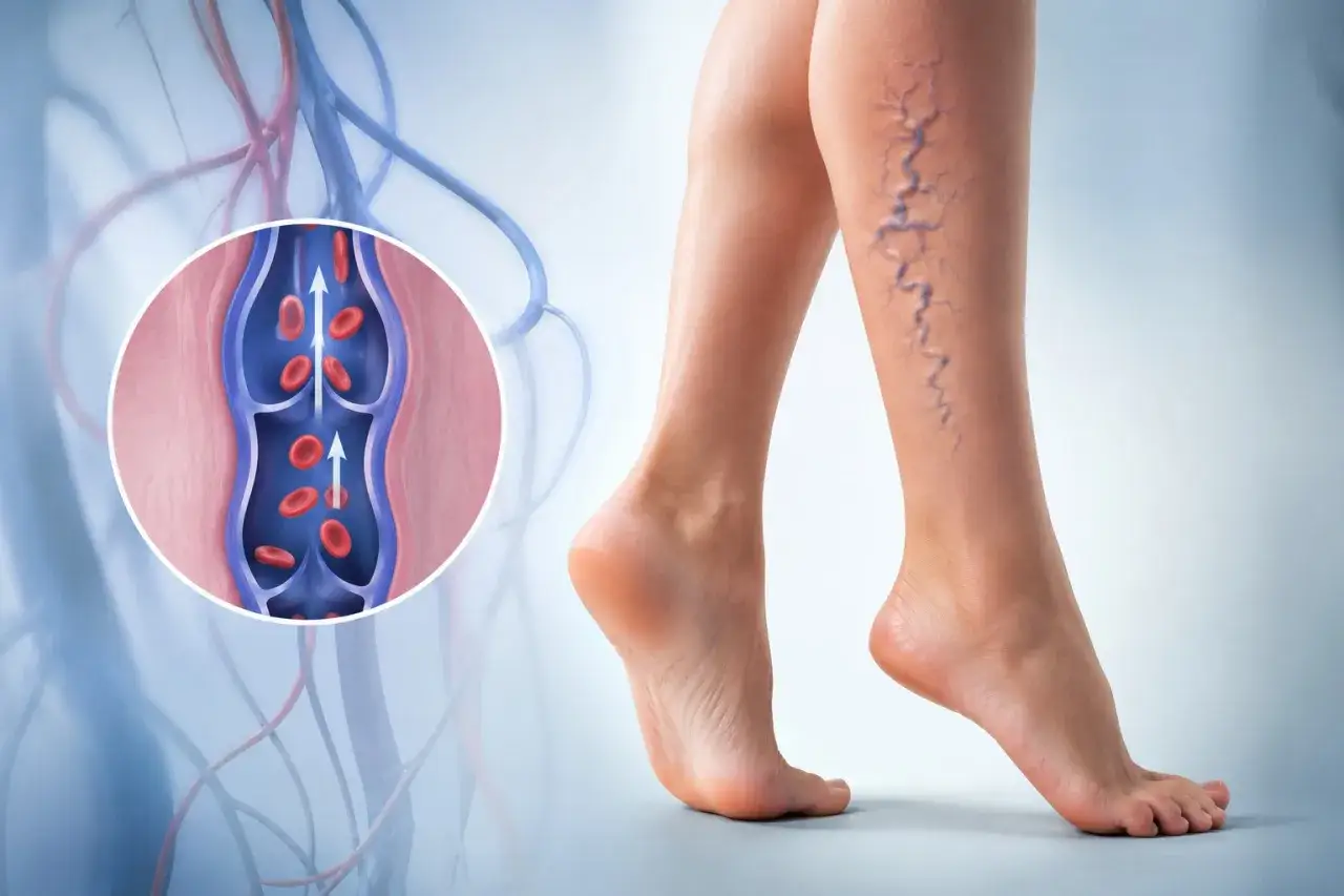 Gambe con vene varicose e ingrandimento di una vena sana. Le recensioni sulla fleboterapia trap sono positive.