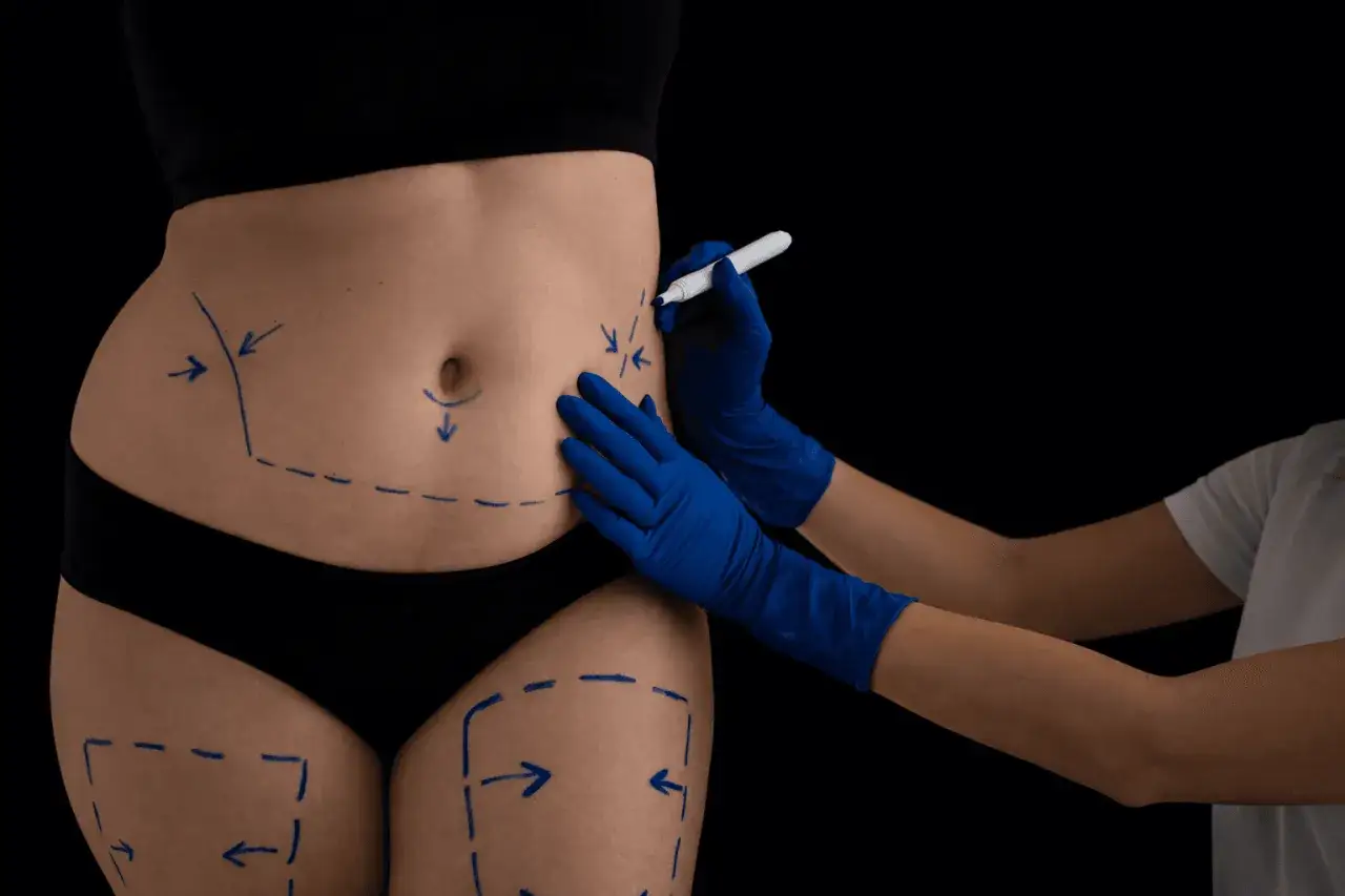 Marcature sul corpo per spiegare la liposuzione come funziona.