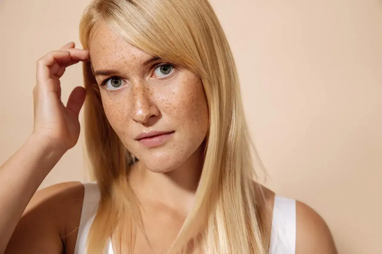 Donna con lentiggini e capelli biondi, pensierosa. Immagina un trattamento pico laser viso per una pelle radiosa.