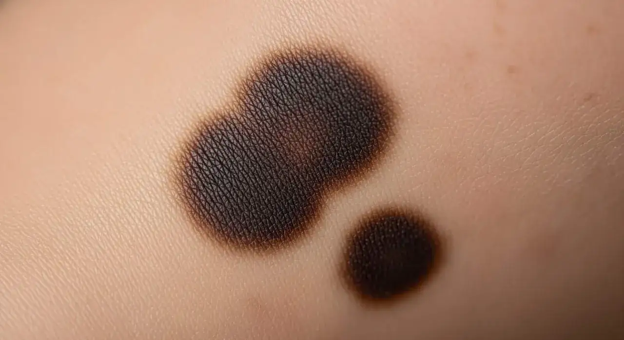 Macchie scure sulla pelle, forse residui di un peeling chimico. La texture della pelle è visibile.
