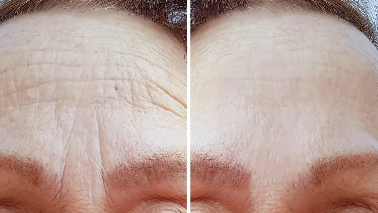 Fronte di un uomo prima e dopo il filler. Le rughe profonde sono visibilmente ridotte, per un viso pi&ugrave; liscio e giovane.