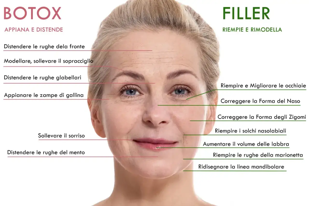 Il full face viso di una donna con indicazioni per trattamenti estetici come Botox e Filler, che mirano a distendere rughe e rimodellare i tratti.