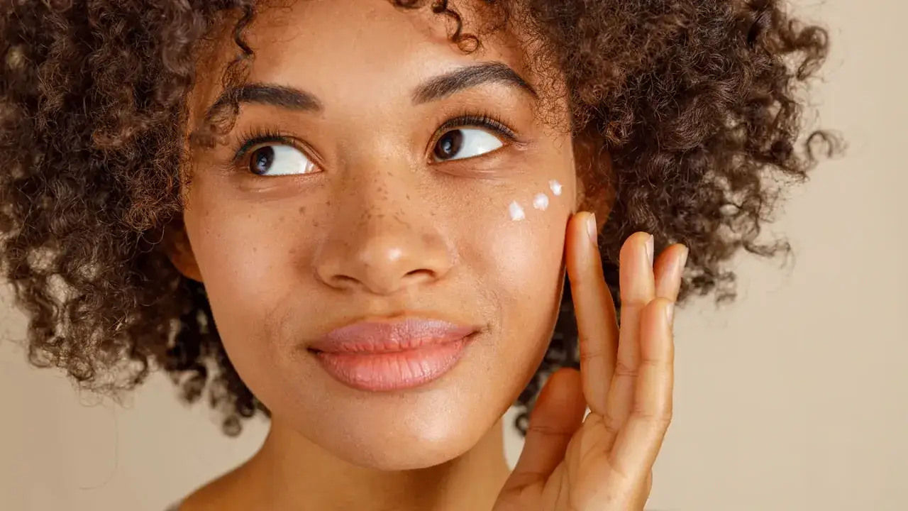 Viso di donna con capelli ricci e macchie scure sulla pelle, applica crema contorno occhi.