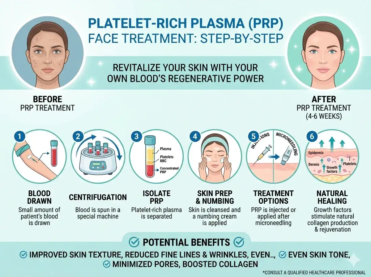 Trattamento viso PRP: prelievo sangue, centrifugazione, isolamento PRP, preparazione pelle, opzioni trattamento (iniezioni/microneedling) e guarigione naturale. I benefici includono pelle rivitalizzata, meno rughe e pori. Valutare i prp viso rischi.