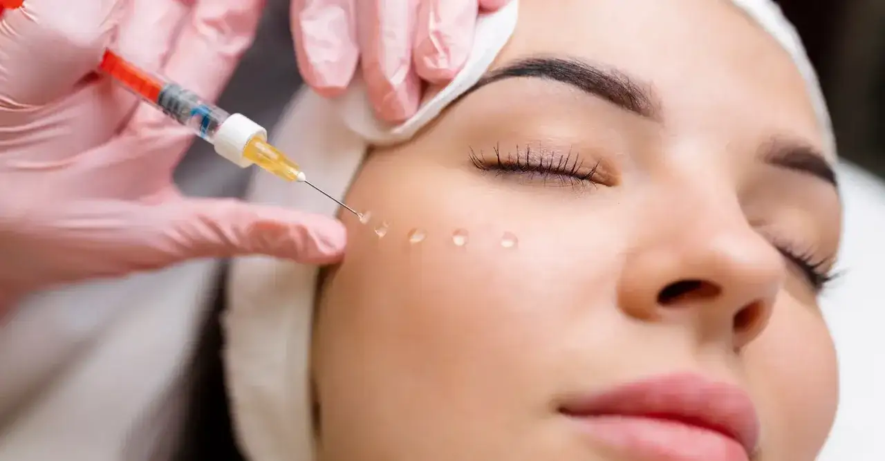 Una mano con guanto rosa esegue iniezioni per biorivitalizzazione viso. Informarsi sulle biorivitalizzazione viso controindicazioni prima del trattamento.