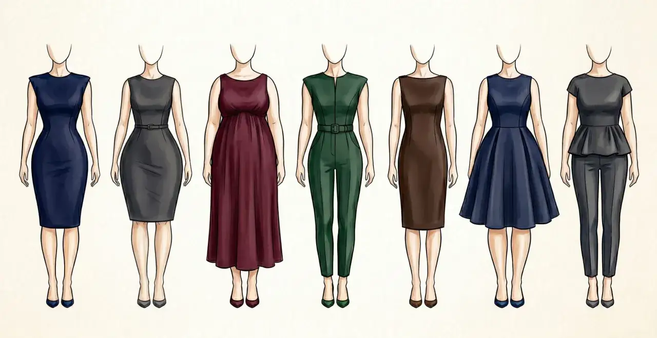 Sette silhouette femminili con abiti eleganti, alcune con fianchi ad ali di farfalla, che mostrano diverse forme del corpo.