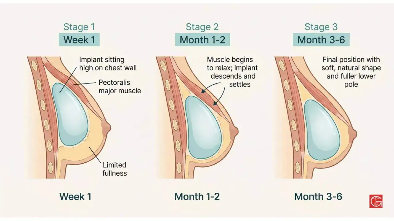 Illustrazione mostra l'evoluzione del seno dopo mastoplastica: da impianto alto a posizione naturale e più piena.