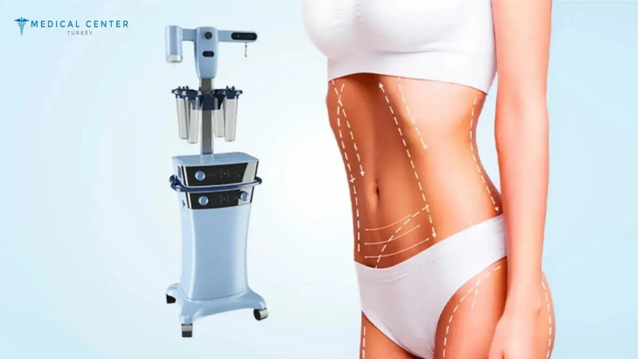 Macchina per vaser lipo e figura femminile con linee che indicano il contorno del corpo.